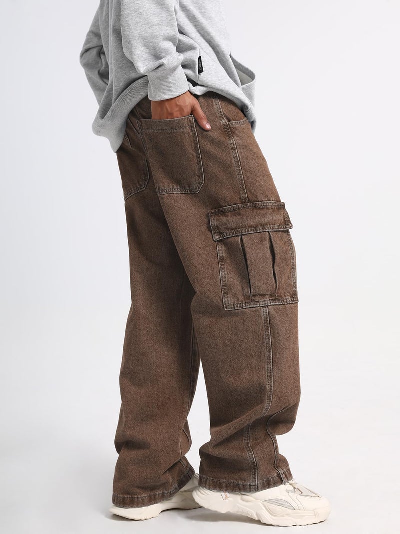 FantasyGears Mens Baggy Jeans for Men Women Y2k Skater Vintage Plain Pants Multiple Pockets Casual Wide Leg Loose Fit Cargo Denim Jeans Brown - Image 5