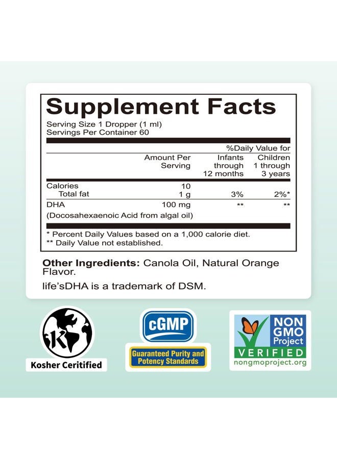 GROWNSY Vegetarian DHA, Premium Liquid DHA for Baby, Infant, Kids and Children, Non-GMO, DHA 100 mg, Pure Plant Source, 2 Fl Oz (60ml)  - Image 2