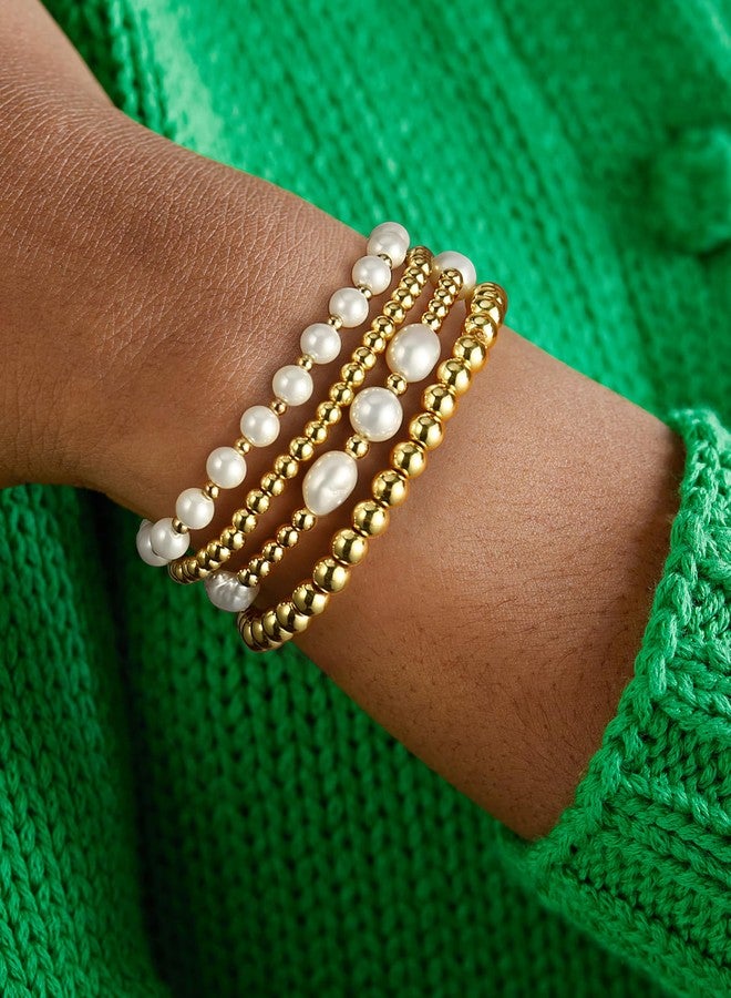 Badu Gold Beaded Bracelets for Women Baroque Pearl Stackable14K Gold Plated Stretch Bead Ball Bracelet Jewelry Gifts （4PCS) - Image 3