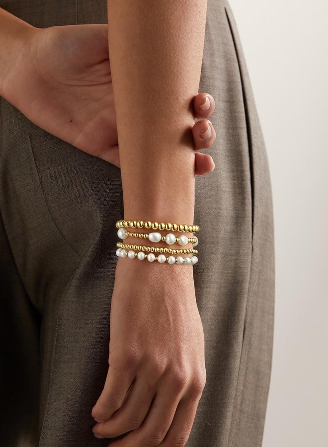 Badu Gold Beaded Bracelets for Women Baroque Pearl Stackable14K Gold Plated Stretch Bead Ball Bracelet Jewelry Gifts （4PCS) - Image 4