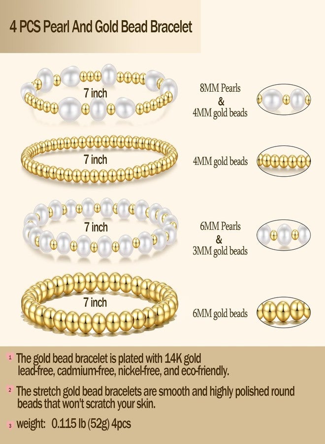 Badu Gold Beaded Bracelets for Women Baroque Pearl Stackable14K Gold Plated Stretch Bead Ball Bracelet Jewelry Gifts （4PCS) - Image 2