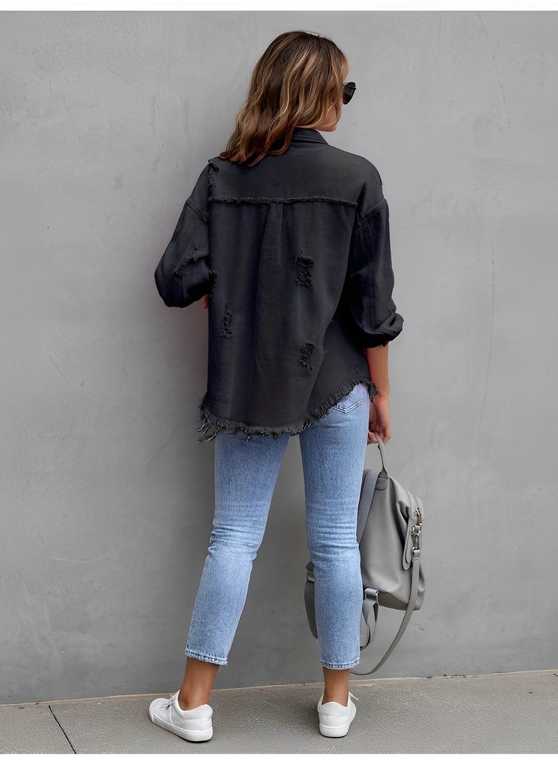 REOCLE - Women's Denim Jackets Jean Jacket Long Sleeve Classic Distressed Fray Denim Jackets Casual Lapel Slim Denim Jacket - Image 1