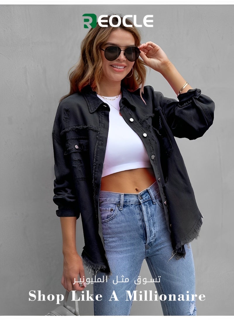 REOCLE - Women's Denim Jackets Jean Jacket Long Sleeve Classic Distressed Fray Denim Jackets Casual Lapel Slim Denim Jacket - Image 1