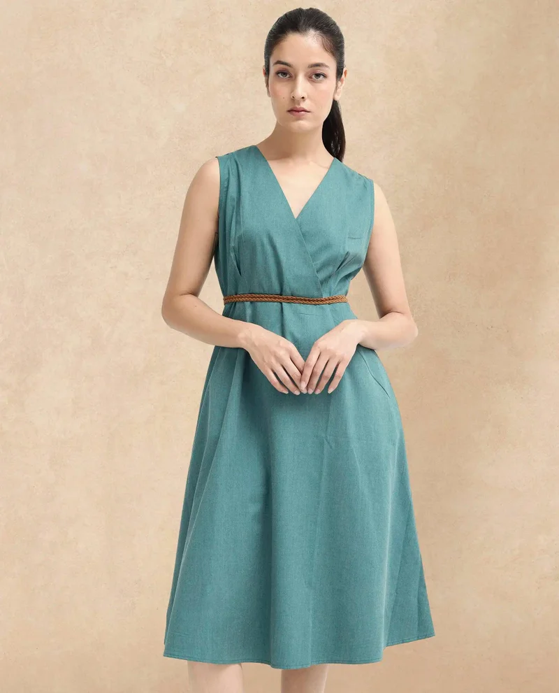 Rareism Women's Wrap Shirt Dress With Corded Macrame Belt