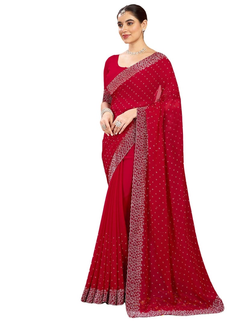 Satrani Women's Georgette Stone Work Saree with Unstitched Blouse Piece (4085S188N_Red2) - Image 1
