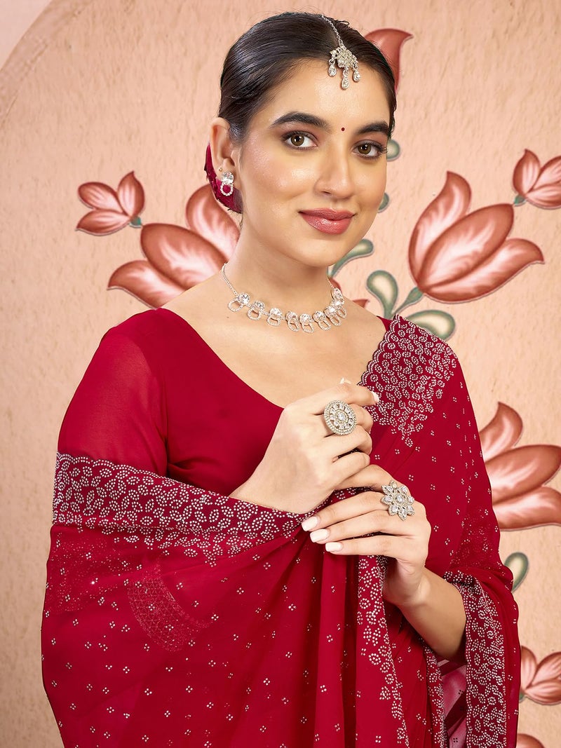 Satrani Women's Georgette Stone Work Saree with Unstitched Blouse Piece (4085S188N_Red2) - Image 4