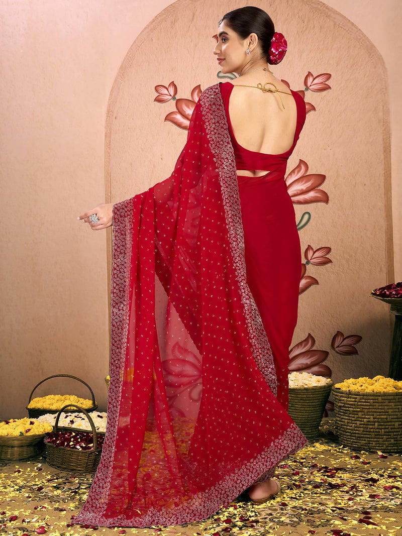 Satrani Women's Georgette Stone Work Saree with Unstitched Blouse Piece (4085S188N_Red2) - Image 3