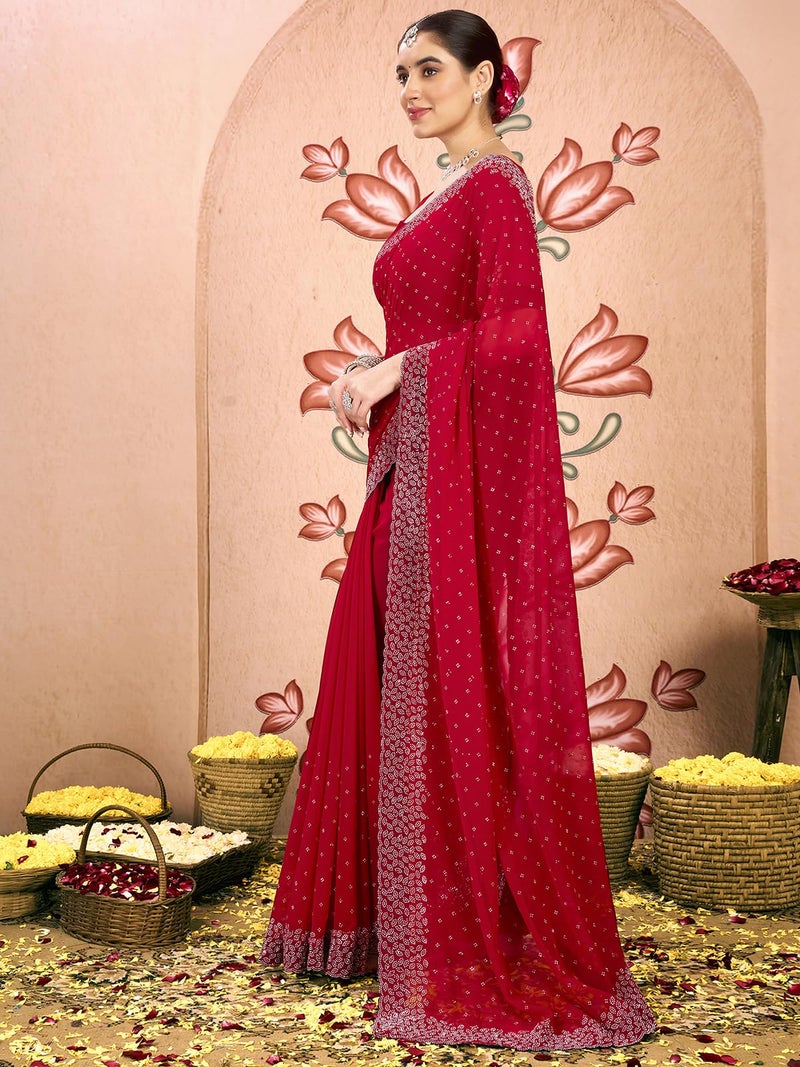 Satrani Women's Georgette Stone Work Saree with Unstitched Blouse Piece (4085S188N_Red2) - Image 2