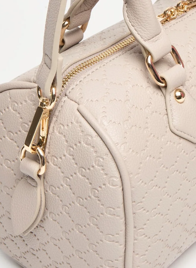 لو كونفورت Monogram Embossed Bowler Bag with Zip Closure and Detachable Strap