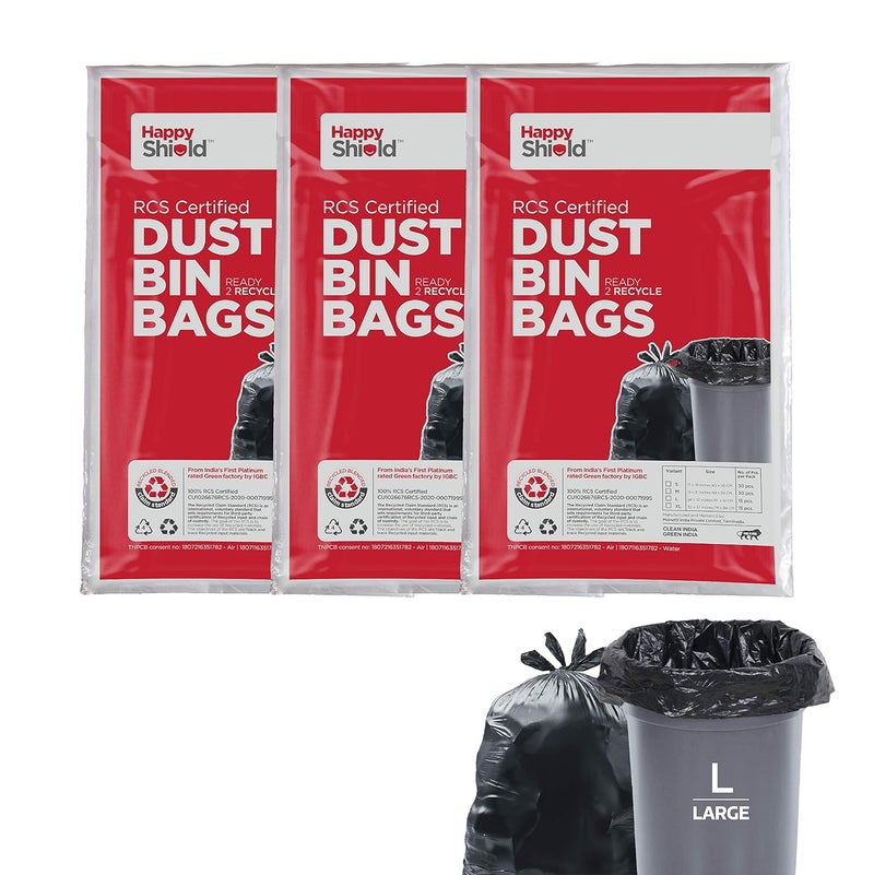 Happy Shield Happy Shield RCS Certified Garbage Bags 45 Pieces Large 24x32 Inches 15 piecespack Pack of 3 Black  - Image 1