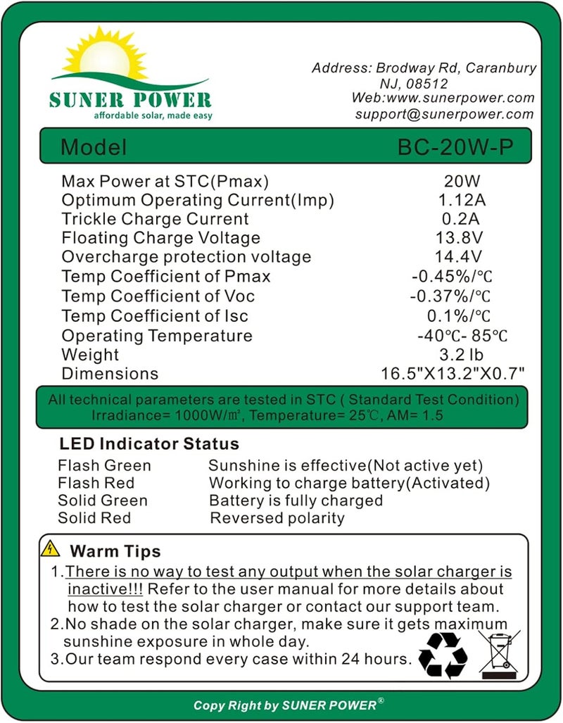 SUNER POWER 20W 12V Solar Battery Charger Maintainer, Built-in Smart MPPT Charge Controller, Adjustable Mount Bracket, Waterproof 20 Watt Solar Panel Kits for Car Automotive Boat Marine RV Trailer - Image 5