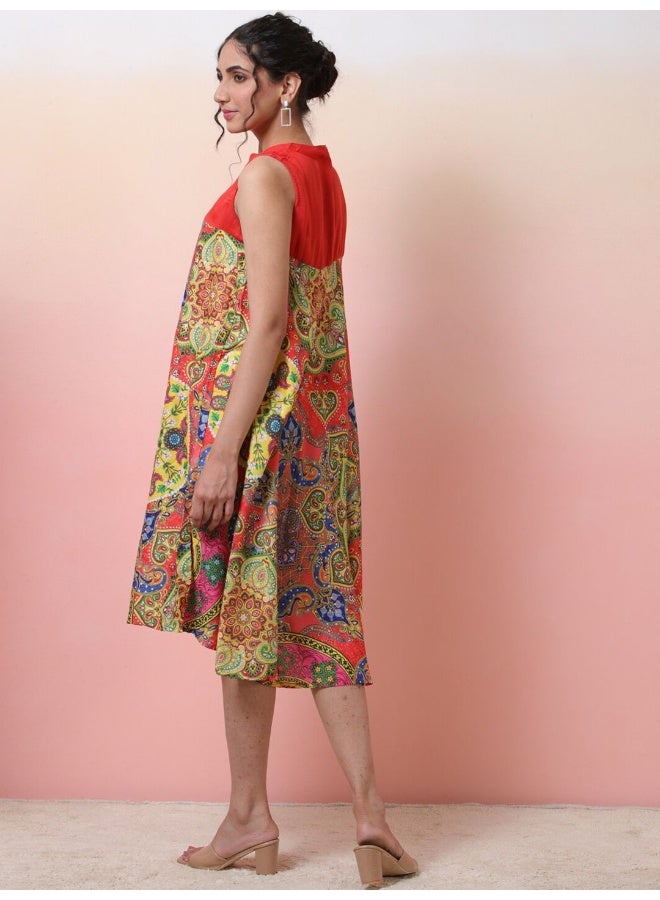 AKS Red & Blue Printed A-Line Dress  - Image 4