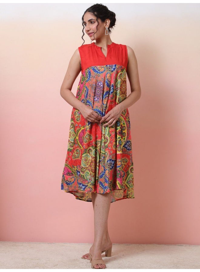 AKS Red & Blue Printed A-Line Dress  - Image 2