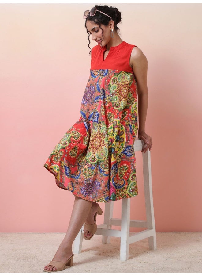 AKS Red & Blue Printed A-Line Dress  - Image 1