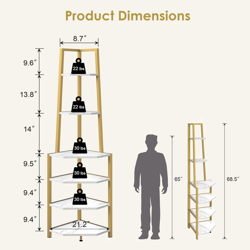 VECELO 6 Tier Corner Shelf 69 Inch Industrial Bookshelf with Metal Frame, Multipurpose Tall Plant Stand with Opening Display Shelves for Living Room, Bedroom, Home Office, Small Space, Gold - Image 2