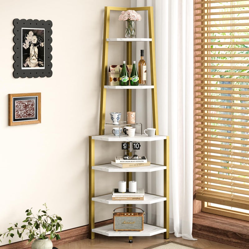 VECELO 6 Tier Corner Shelf 69 Inch Industrial Bookshelf with Metal Frame, Multipurpose Tall Plant Stand with Opening Display Shelves for Living Room, Bedroom, Home Office, Small Space, Gold - Image 1