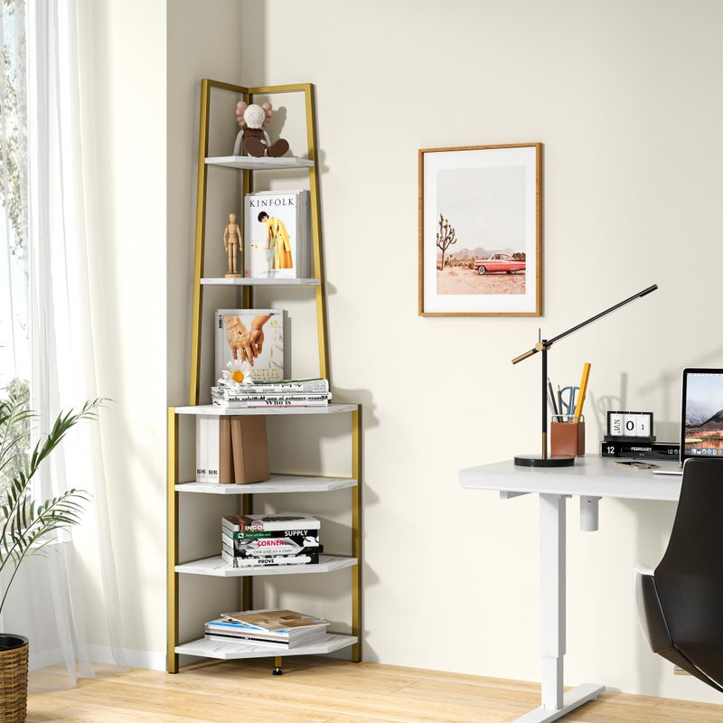 VECELO 6 Tier Corner Shelf 69 Inch Industrial Bookshelf with Metal Frame, Multipurpose Tall Plant Stand with Opening Display Shelves for Living Room, Bedroom, Home Office, Small Space, Gold - Image 3