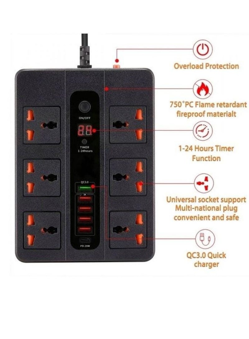 REBENUO Power Socket BKL-11 Power Socket 6 Sockets 5 USB 1 BD 2 Meter 3000 Watts Power Socket BKL-11 - Image 3
