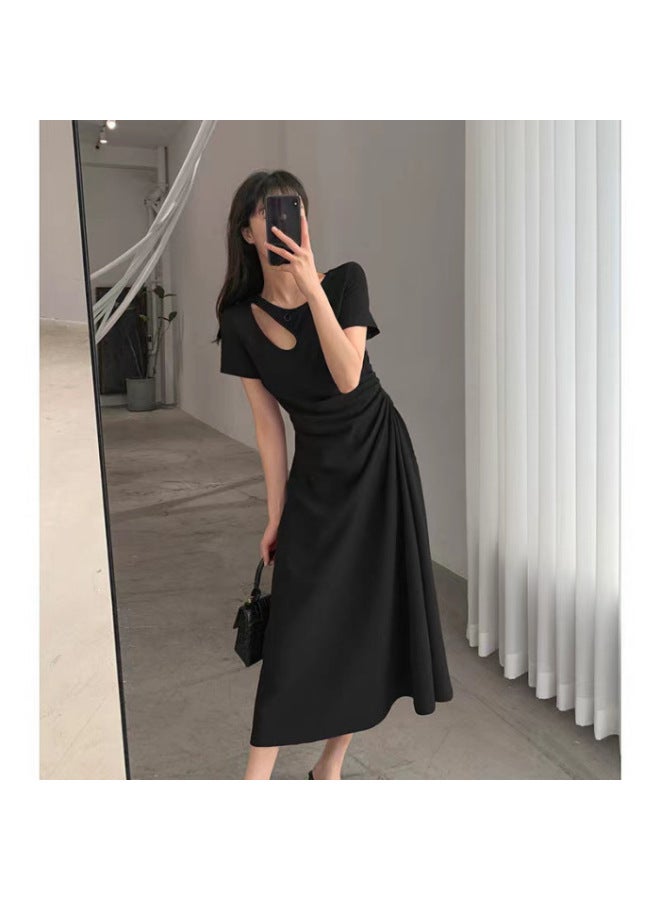 Black Summer Hollow-out French Style Slimming Design Waist-defining Hepburn Style Long Dress
