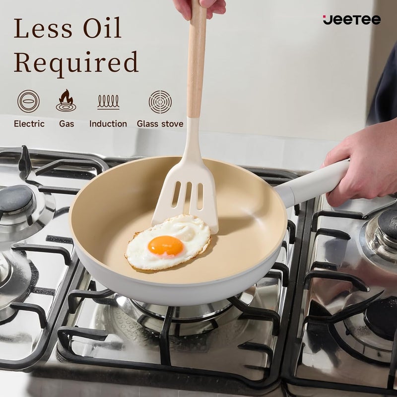 JEETEE Ceramic Cookware Set, 16 PCS Pots and Pans Set Non Stick with Removable Handles, Non Toxic Induction Kitchen Cookware Sets, Dishwasher/Oven Safe PFAS/PFOA Free Cream - Image 3