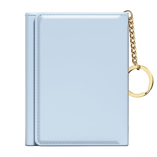 Rouidr Womens Wallet, Small Slim RFID Card Wallets for Women, Trifold Leather Clutch Card Organizer, Cute Front Pocket Purse with 7 Slots & ID Window & Keychain, Blue - Image 1