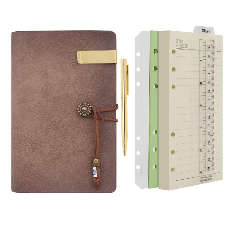 Wonderpool Leather Journal A6 Refillable 6 Ring Binder Notebook with Lined Paper and Pen,Writing Diary for Work Travel and Agenda Plan (a-Maroonpink)