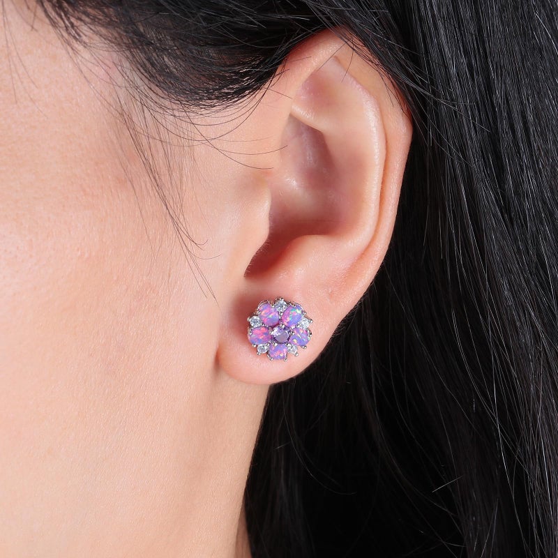 CiNily Flower Earrings, Purple Opal Stud Earrings Sterling Silver Plated Studs for Women, Ladies Flower Studs Ear Rings Cute Unique Earring - Image 2