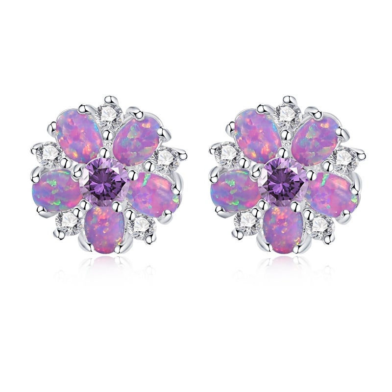 CiNily Flower Earrings, Purple Opal Stud Earrings Sterling Silver Plated Studs for Women, Ladies Flower Studs Ear Rings Cute Unique Earring - Image 1