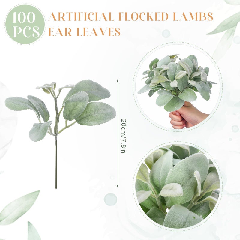 XunYee 100 Pcs Artificial Flocked Lambs Ear Leaves Faux Greenery Stems Bulk Fake Flocked Oak Leaves Lambs Ear Leaf for DIY Wreath Wedding Flower Arrangement Table Decorations - Image 3