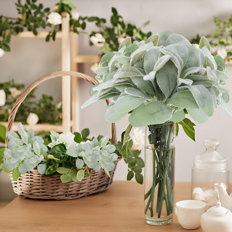 XunYee 100 Pcs Artificial Flocked Lambs Ear Leaves Faux Greenery Stems Bulk Fake Flocked Oak Leaves Lambs Ear Leaf for DIY Wreath Wedding Flower Arrangement Table Decorations - Image 5