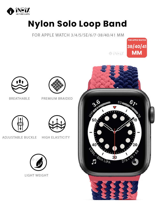 INEIX - Braided Nylon Adjustable Solo Loop Band For Apple Watch 38/40/41 mm - Pink/Blue - Image 1