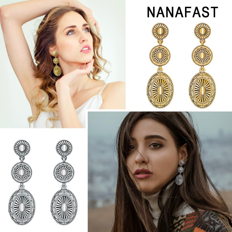 Nanafast Vintage Western Earrings for Women Boho Vintage Silver/Gold Turquoise Earrings for Women Western Statement Jewelry for Country Concert Outfits-Vintage Gold - Image 3