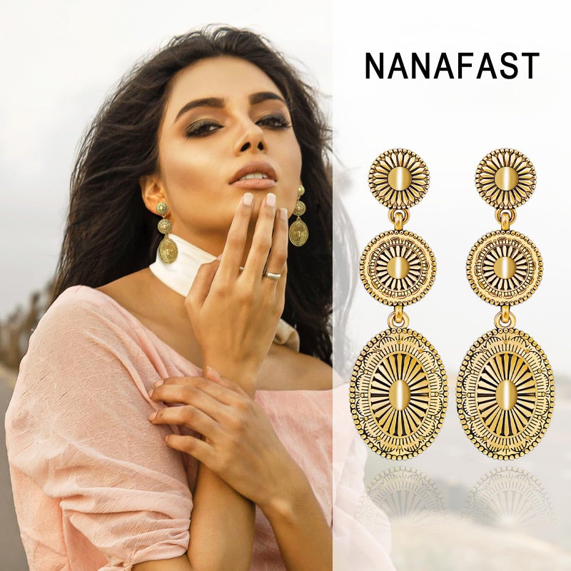 Nanafast Vintage Western Earrings for Women Boho Vintage Silver/Gold Turquoise Earrings for Women Western Statement Jewelry for Country Concert Outfits-Vintage Gold - Image 2