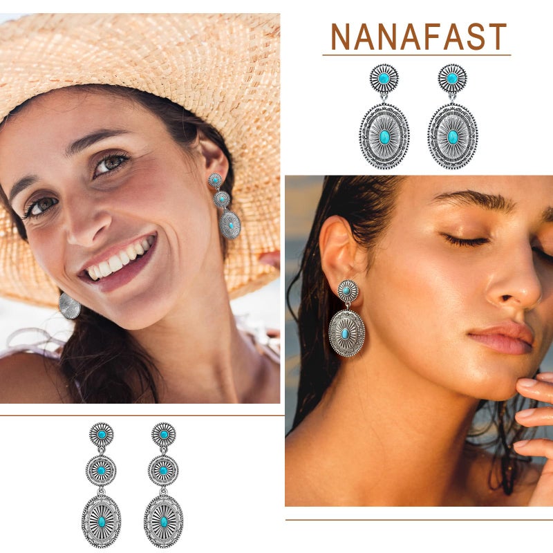 Nanafast Vintage Western Earrings for Women Boho Vintage Silver/Gold Turquoise Earrings for Women Western Statement Jewelry for Country Concert Outfits-Vintage Gold - Image 4