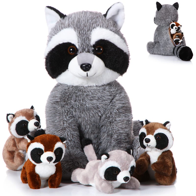 Harrycle 5 Pcs Raccoon Stuffed Animal Set Adorable Mommy Raccoon Plush with 4 Cute Babies in Tummy Soft Cuddly Plushie for Birthday Woodland Party DecorCute Style - Image 2