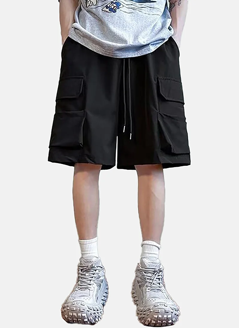 يونيكي Black Mid Rise Soild Relaxed Fit Shorts
