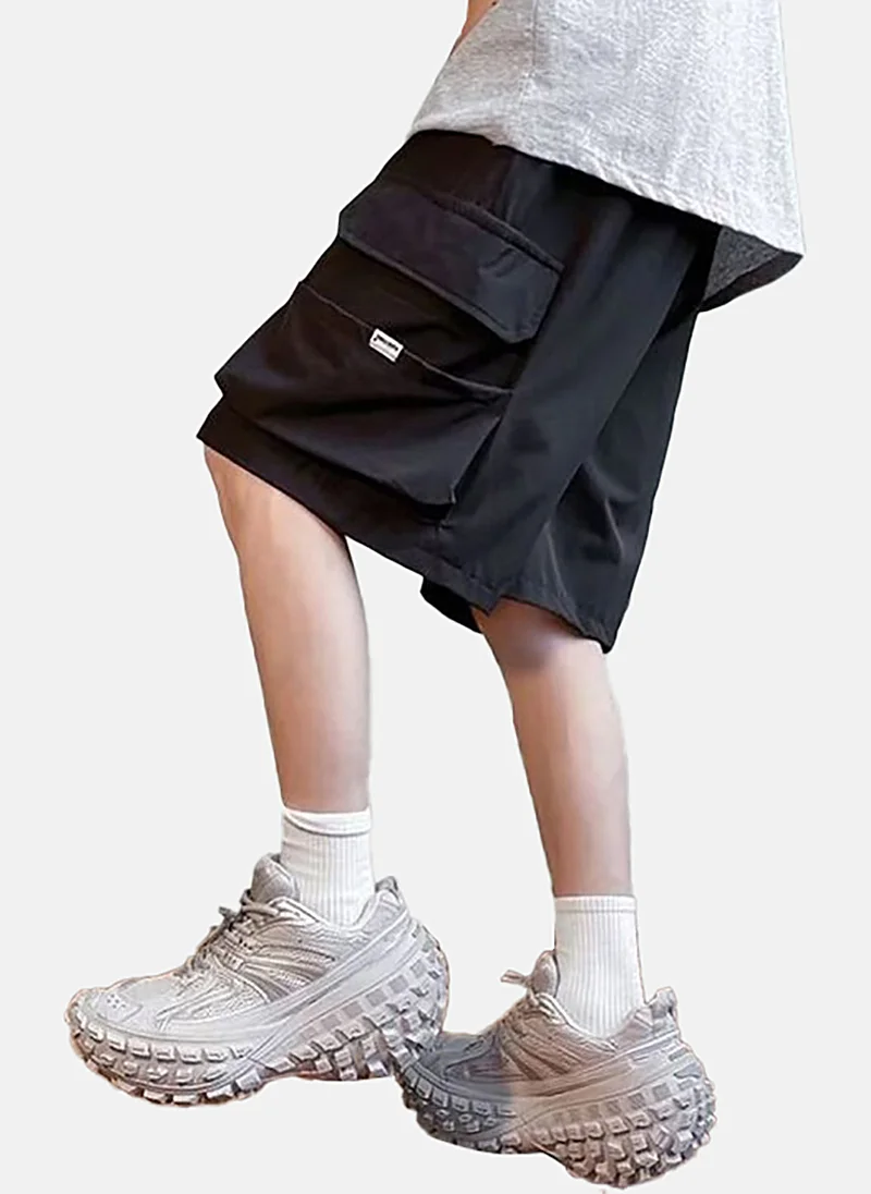 يونيكي Black Mid Rise Soild Relaxed Fit Shorts