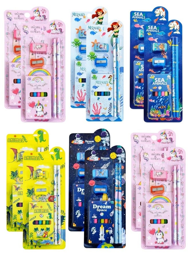 AMANVANI Kids Stationery Combo Set – Pencil, Eraser, Sharpener & 6 Color Crayons Kit | Unicorn, Mermaid,Dino, Sea Animal & Space Theme School Supplies Gift Pack for Girls & Boys (6 (Pcs)) - Image 1