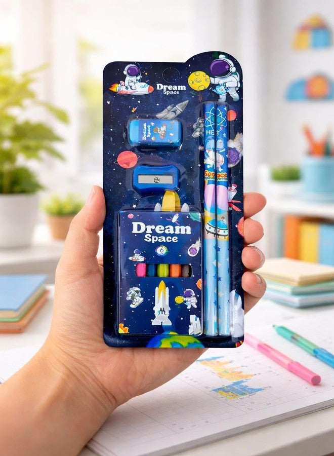AMANVANI Kids Stationery Combo Set – Pencil, Eraser, Sharpener & 6 Color Crayons Kit | Unicorn, Mermaid,Dino, Sea Animal & Space Theme School Supplies Gift Pack for Girls & Boys (6 (Pcs)) - Image 4