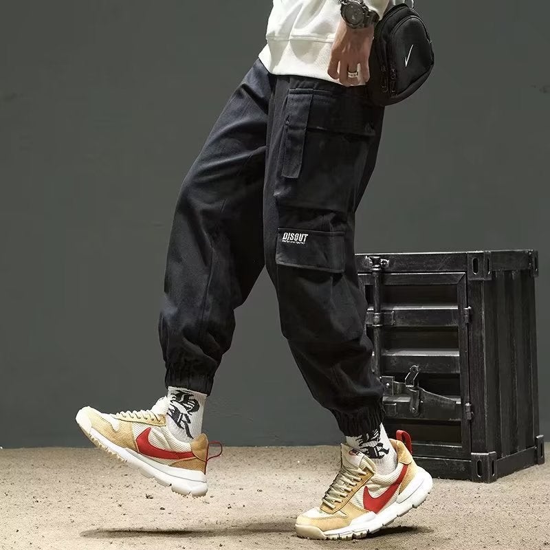 Autumn and winter mens loose overalls fleece-lined thickened fashion brand versatile plus size casual pants wear-resistant multi-pocket trousers Black [Spring and Autumn]]