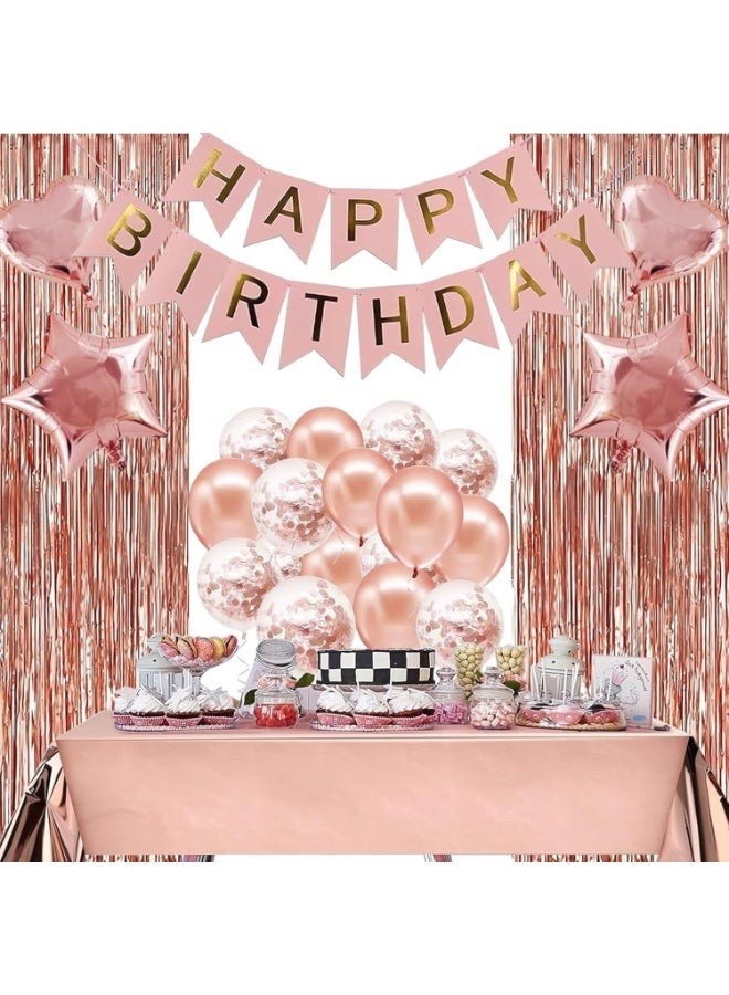JAYATO Rose Gold Birthday Party Decorations, Party Decorations Set with Happy Birthday Banner, 18-inch Heart and Star Balloon, 12-inch Metallic Rose Gold Balloons, Fringe Curtain, Ribbon, Glue Points for Women Girls Birthday Princess Party - Image 1