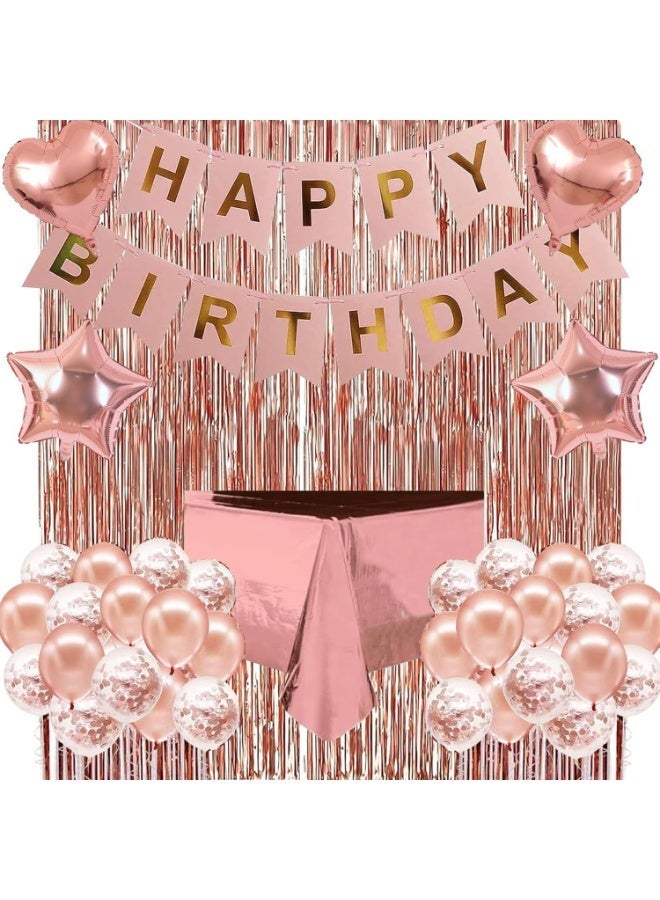 JAYATO Rose Gold Birthday Party Decorations, Party Decorations Set with Happy Birthday Banner, 18-inch Heart and Star Balloon, 12-inch Metallic Rose Gold Balloons, Fringe Curtain, Ribbon, Glue Points for Women Girls Birthday Princess Party - Image 2