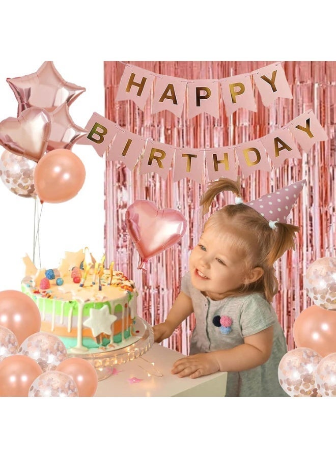 JAYATO Rose Gold Birthday Party Decorations, Party Decorations Set with Happy Birthday Banner, 18-inch Heart and Star Balloon, 12-inch Metallic Rose Gold Balloons, Fringe Curtain, Ribbon, Glue Points for Women Girls Birthday Princess Party - Image 3