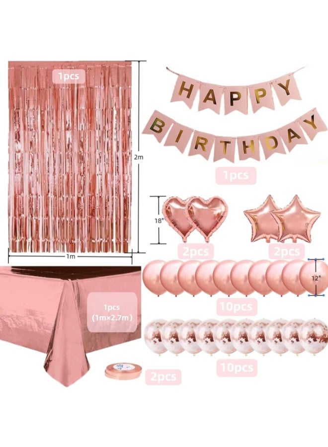 JAYATO Rose Gold Birthday Party Decorations, Party Decorations Set with Happy Birthday Banner, 18-inch Heart and Star Balloon, 12-inch Metallic Rose Gold Balloons, Fringe Curtain, Ribbon, Glue Points for Women Girls Birthday Princess Party - Image 4