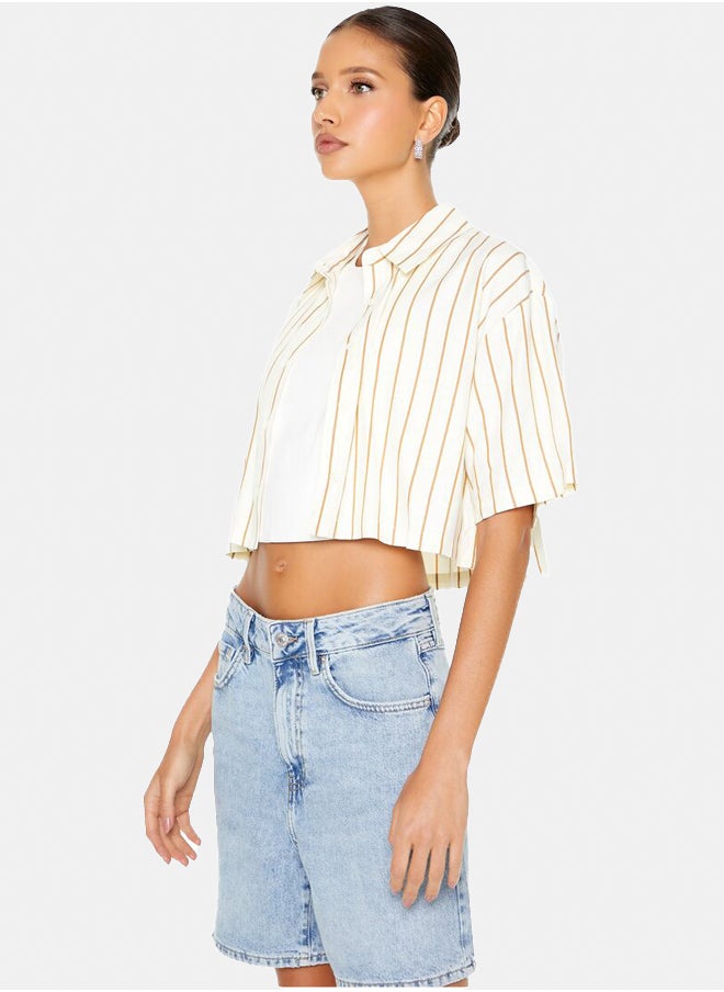 FOREVER 21 - Cropped Pinstripe Poplin Shirt - Image 1