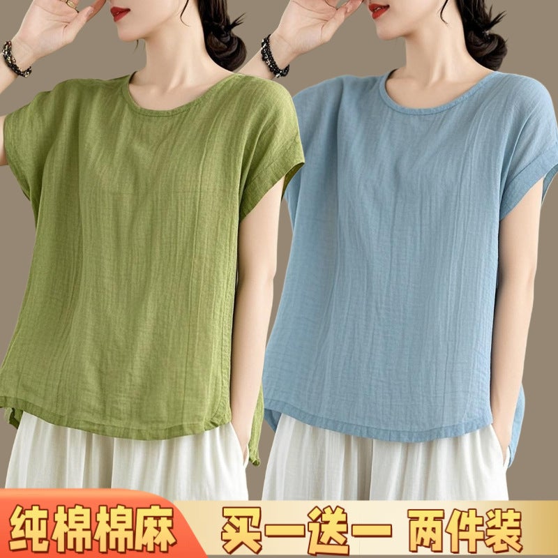 Women'S Summer Linen Lightweight Versatile Short-Sleeve T-Shirt Vintage Style Base Shirt Pure Cotton Linen Thin Green-Gray - Image 1