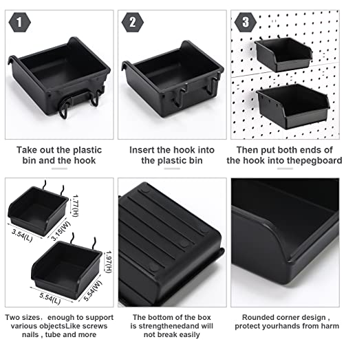 Roowest 12 Pieces Pegboard Bins Kit 3.5'' 5.5'' Plastic Peg Board Storage Bins with Hooks Pegboard Accessories Workbench Bins Fits Any Peg Board for Organizing Hardware, Garage, Craft Room, Tool Shed - Image 4