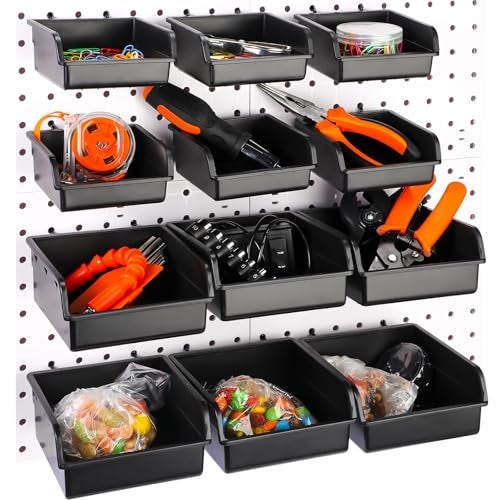 Roowest 12 Pieces Pegboard Bins Kit 3.5'' 5.5'' Plastic Peg Board Storage Bins with Hooks Pegboard Accessories Workbench Bins Fits Any Peg Board for Organizing Hardware, Garage, Craft Room, Tool Shed - Image 1
