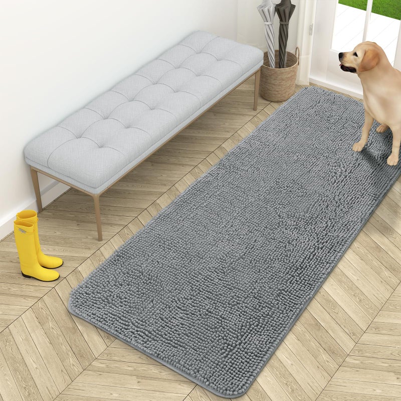 OLANLY Dog Door Mat for Muddy Paws 59x24 Absorbs Moisture and Dirt Absorbent NonSlip Washable Doormat Quick Dry Chenille Mud Mat for Dogs Entry Indoor Entryway Carpet for Inside Floor Grey