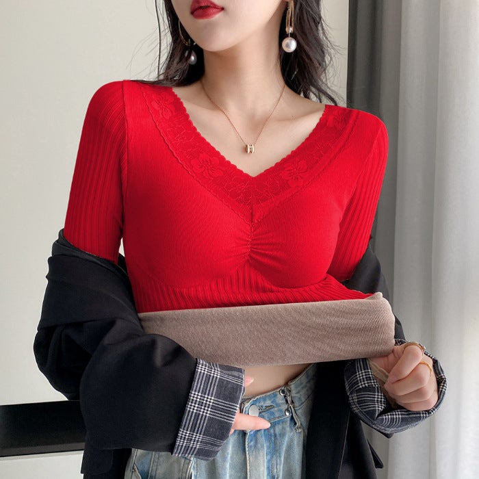 Thermal Underwear with Chest Pad Womens fleece-lined Thickened Lace Stitching V-Neck Autumn Long-Sleeved Slim-Fit Base Shirt Top for Winter Naked powder - Image 2